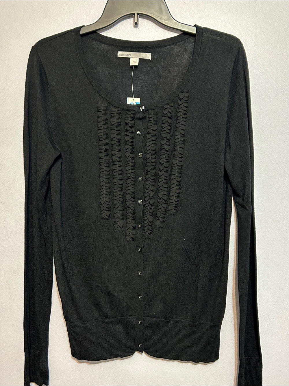 Old Navy Black Thin Sweater with Ruffle Front and Black Iridescent Buttons - Med